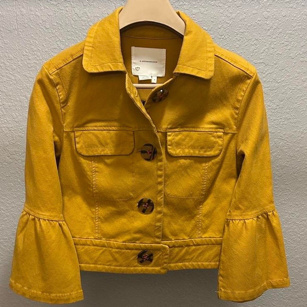 Anthropologie Nora Flounce Sleeved Trucker Jacket in Mustard - S - Picture 5 of 15
